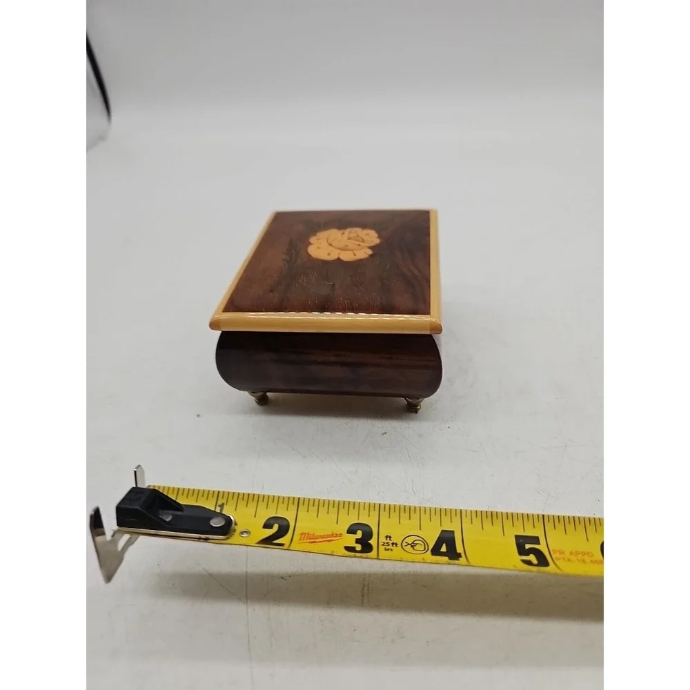 Vintage Handcrafted Wooden Trinkets Jewelry Box With Hinged Flowers Inlaid Italy